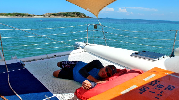 Kev relaxing as we sail back from Keppel Island