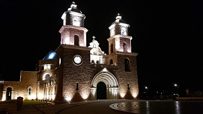 St Francis Xavier Cathedral under lights at night