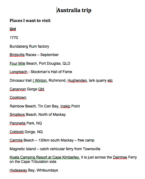 Listing places to see around Australia