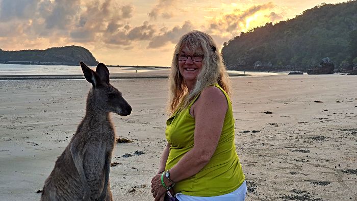 Adele with roo at sunrise